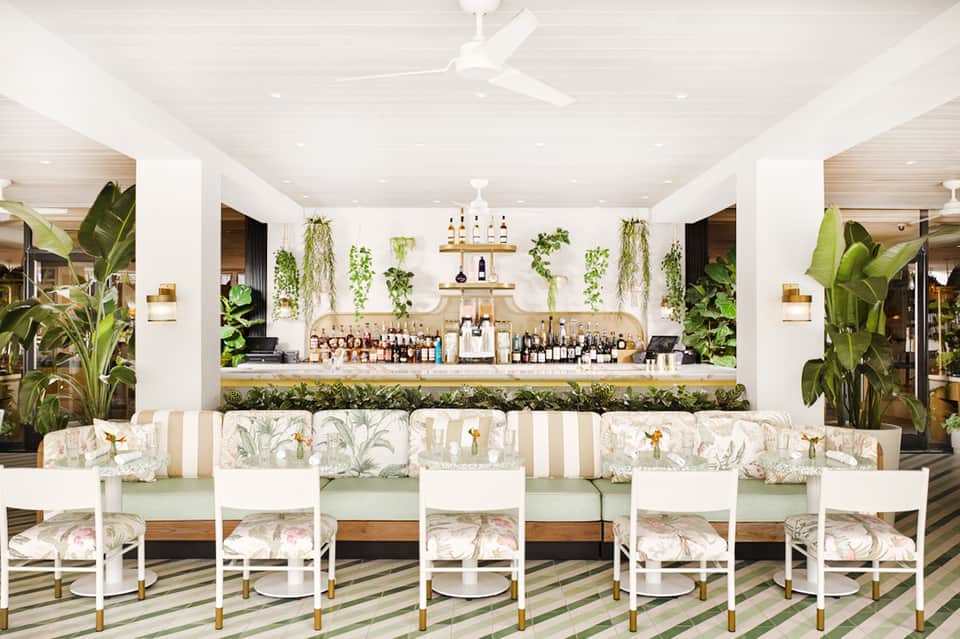 Modern bar lounge with hanging plants, white chairs, green striped bench, and botanical décor