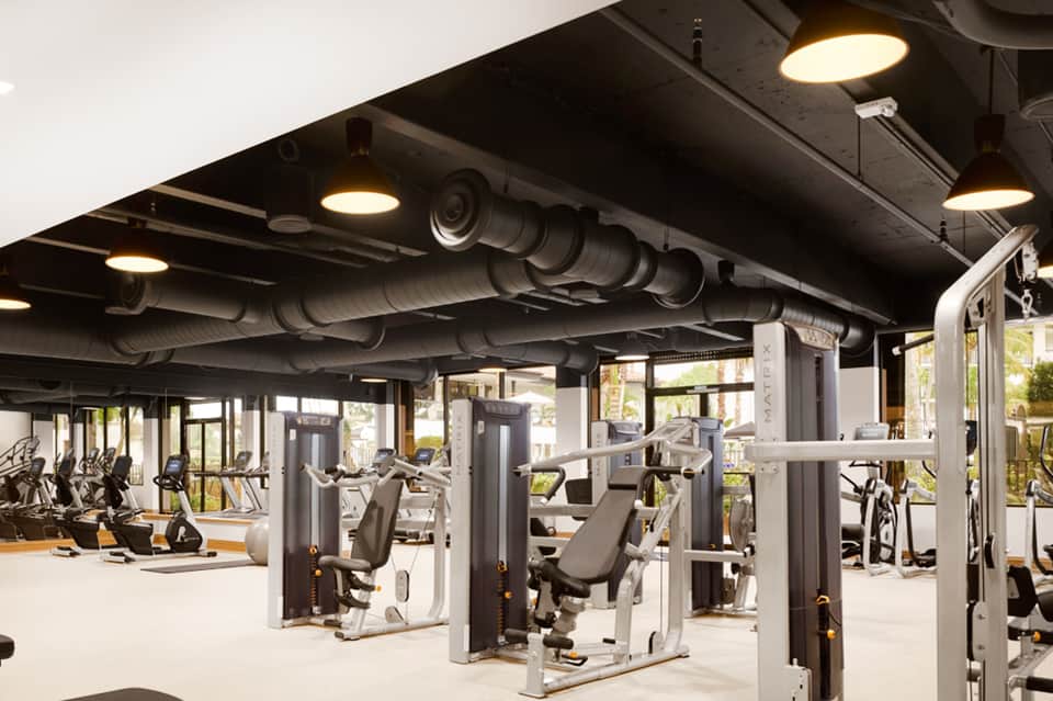 Modern gym with exercise equipment, exposed ceiling pipes, and natural lighting from windows
