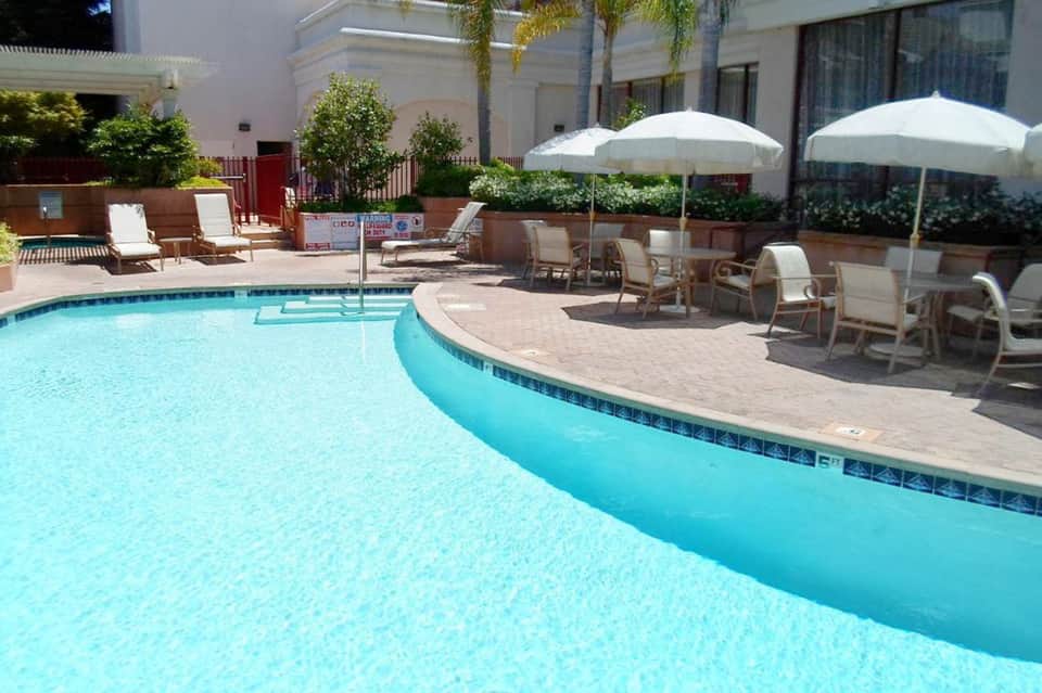 Resort swimming pool with curved edge, lounge chairs, white umbrellas, and palm trees