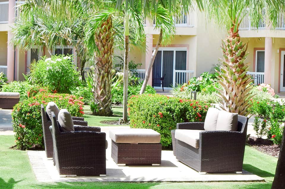 Outdoor lounge seating with rattan chairs and tropical landscape surrounded by palm trees
