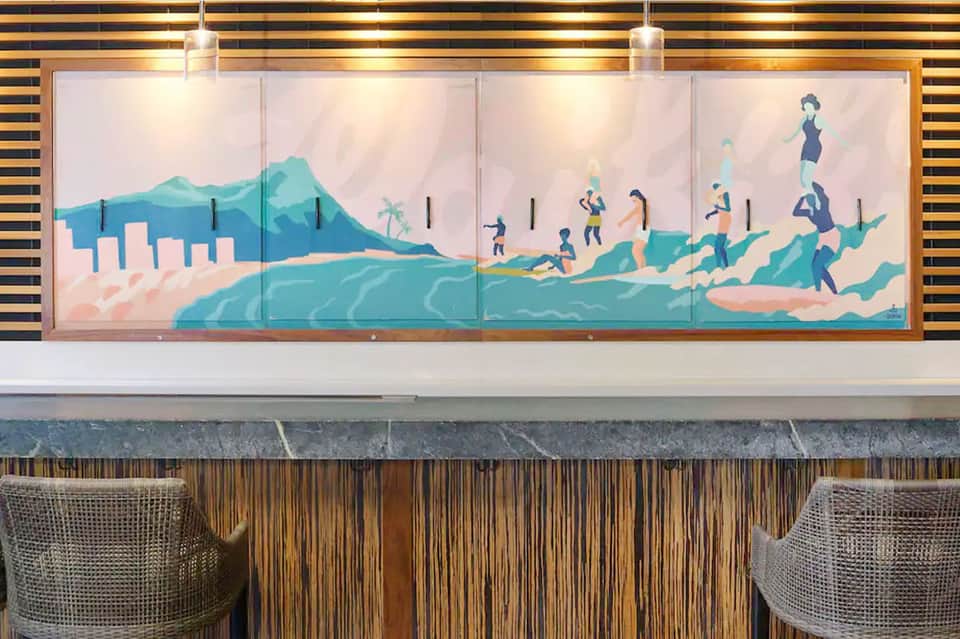 Coastal mural artwork featuring beach activities, mountains, and turquoise water palette