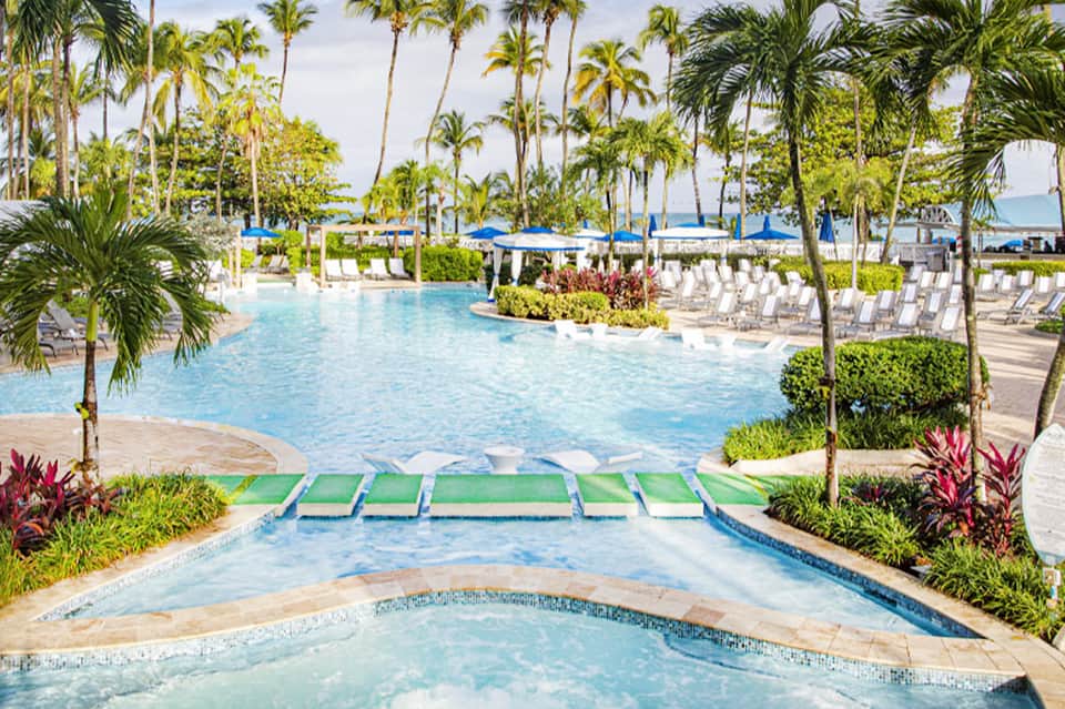 Lagoon-style resort pool with loungers and beachfront palm trees