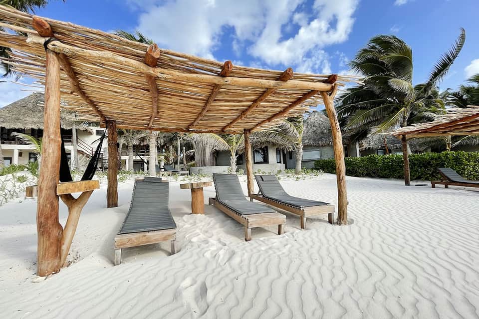 Beachfront cabanas with wooden pergolas and loungers on white sand near palm trees