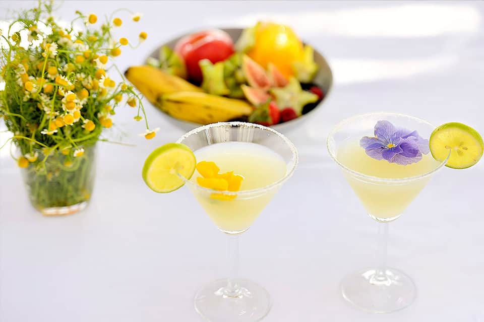 Three pale yellow cocktails with lime slices and edible flowers, fresh fruit in background