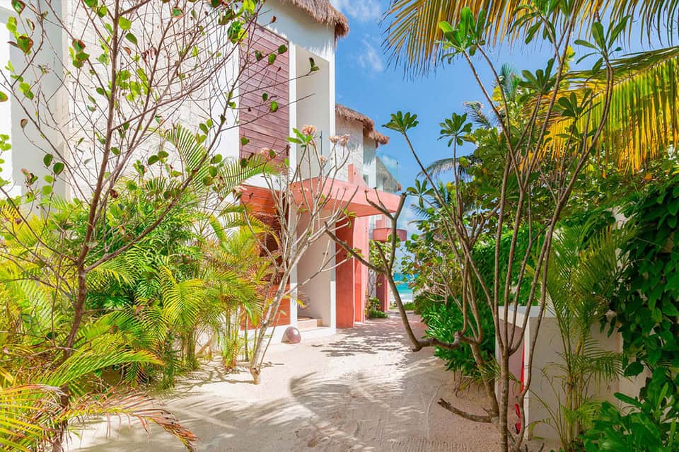 Tropical beach resort pathway with palm trees, colorful bungalow, thatched roofing, and ocean view