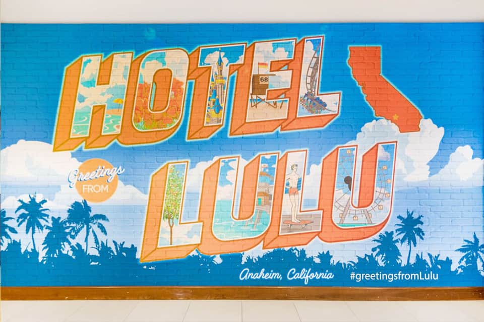 Vintage-style mural reading 'Hotel Lulu' with California state map in Anaheim
