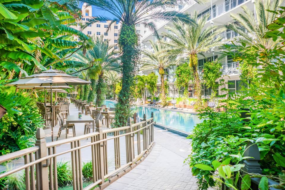 Lush tropical garden pathway with palm trees, greenery, umbrellas, and modern resort building entrance
