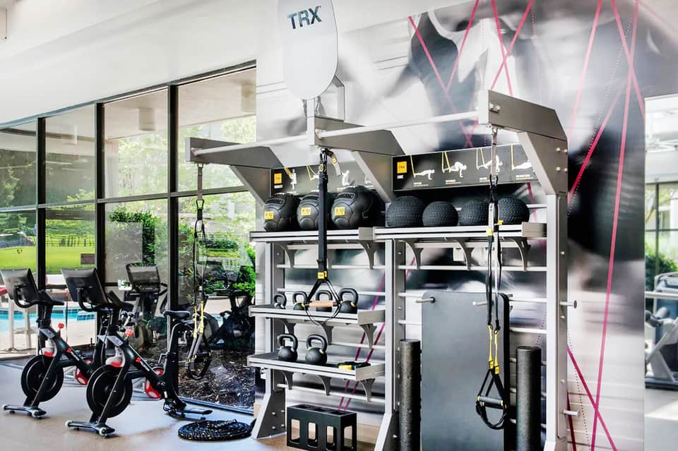 Modern fitness center with exercise bikes, weight equipment, TRX straps, and green outdoor view