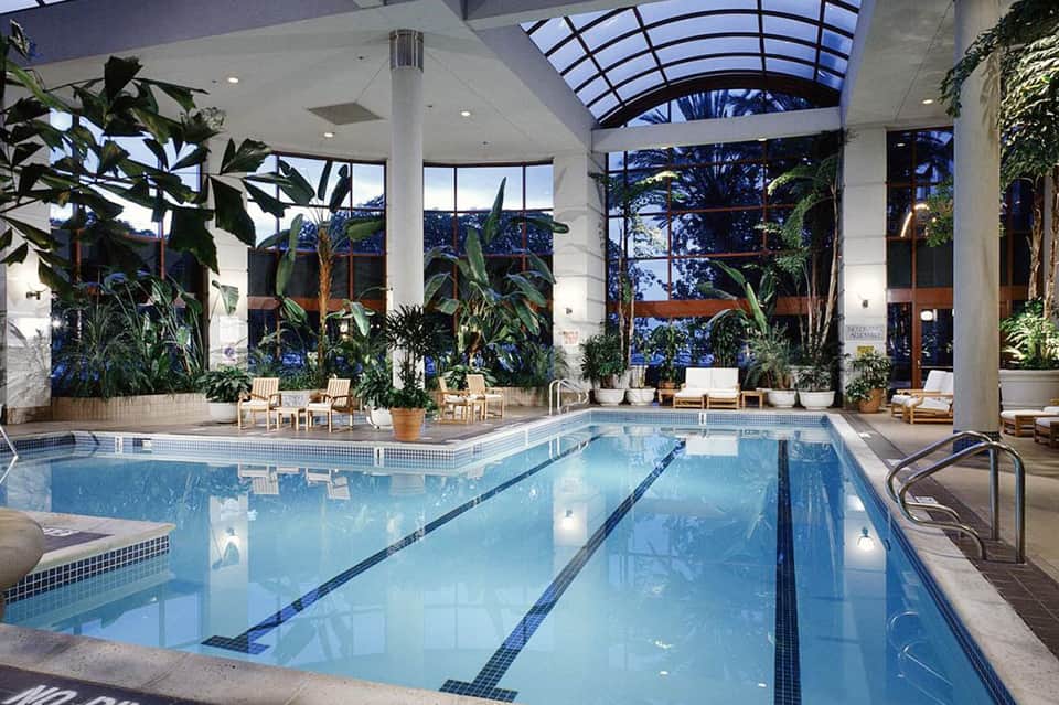 Indoor lap pool with skylights, lush greenery, and wooden lounge chairs