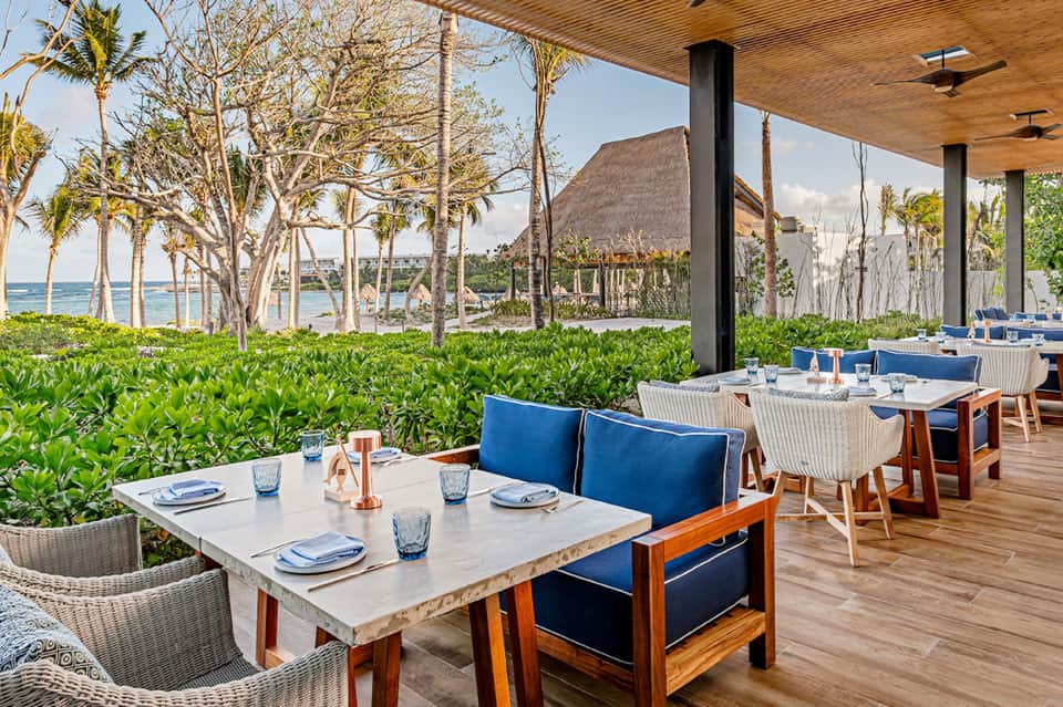 Upscale beachfront restaurant with ocean view, blue chairs, wooden decor, and palm trees
