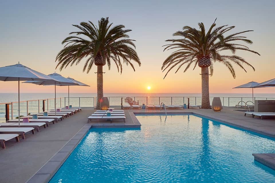 Luxury resort infinity pool at sunset with palm trees, lounge chairs, and ocean horizon