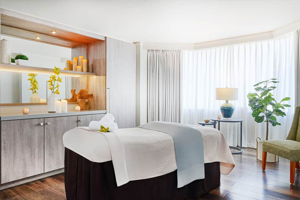 Luxury spa treatment room with massage bed, shelving with candles, and potted plants