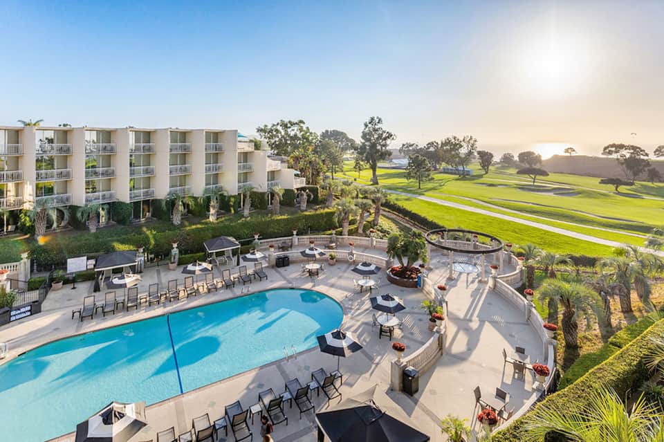 Resort pool overlooking golf course with palm trees, lounge chairs, and building