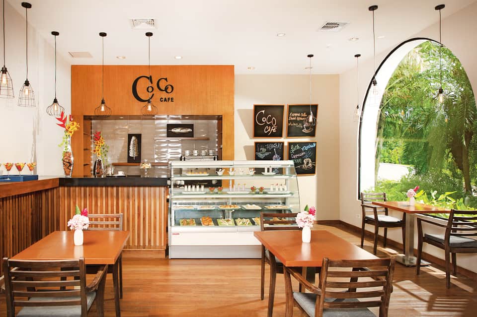 Modern cafe interior with orange accent wall, counter seating, and garden arch window view