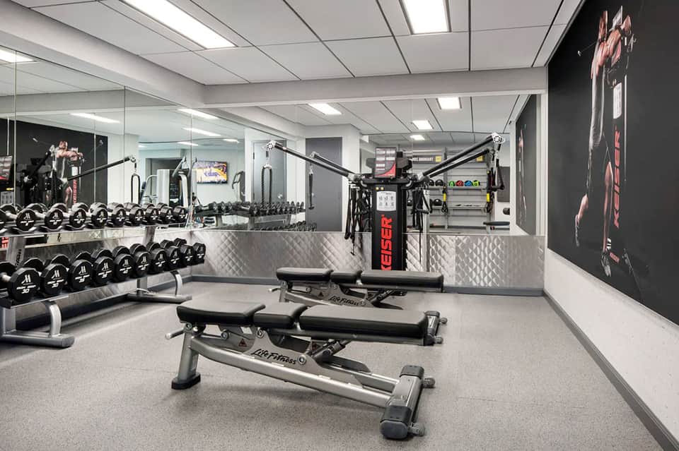 Modern gym interior with dumbbells, benches, mirrors, and fitness equipment