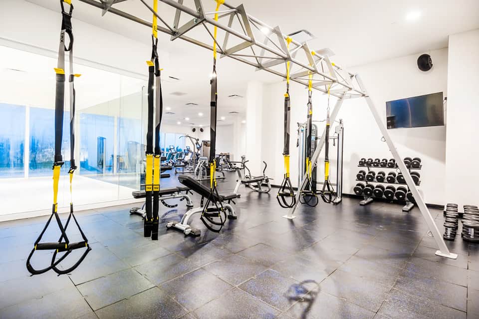 Bright gym space with TRX suspension training system, free weights, stationary bikes, and floor-to-ceiling windows overlooking city