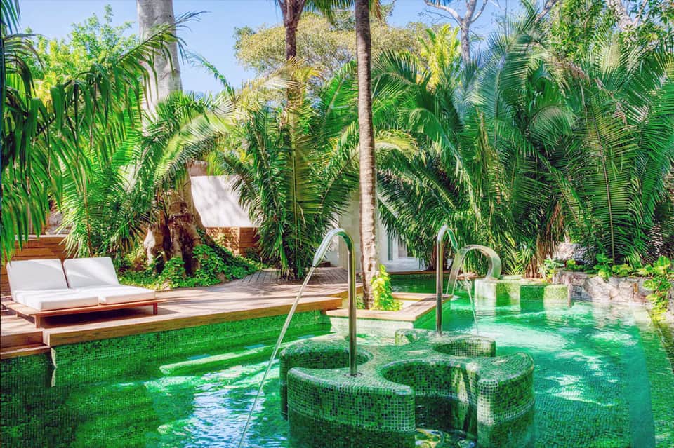 Luxury spa pool surrounded by palm trees with wooden lounge and water features