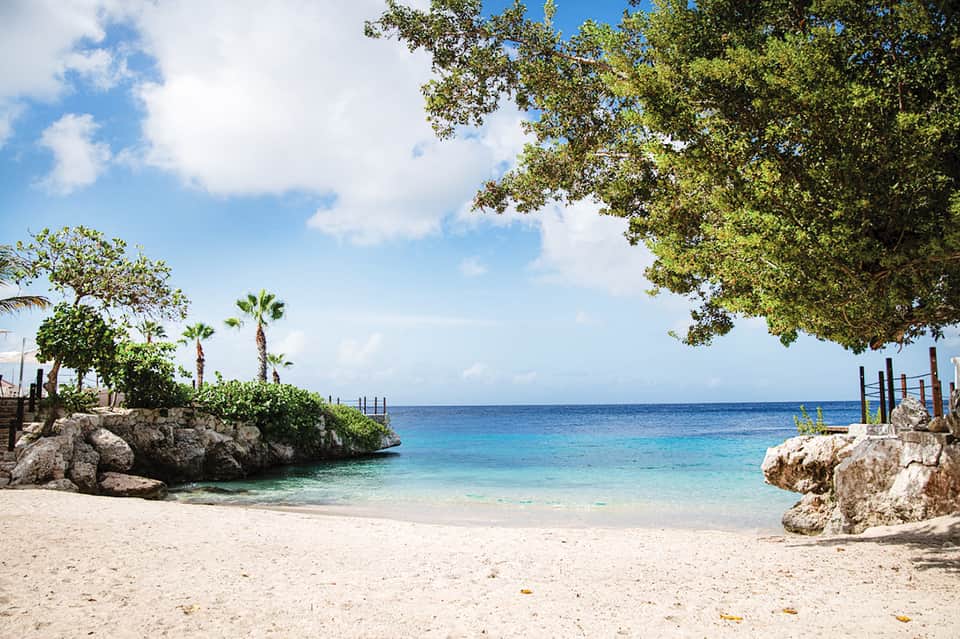 Pristine sandy beach cove with turquoise water, palm trees, and rocky outcrops