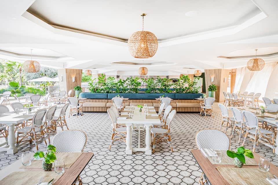 Modern dining area with woven pendant lights, greenery walls, and contemporary chairs