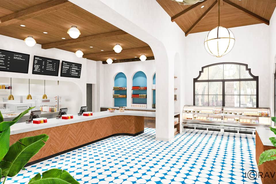 Modern ice cream parlor with blue and white tile floors, wooden ceiling, and display cases