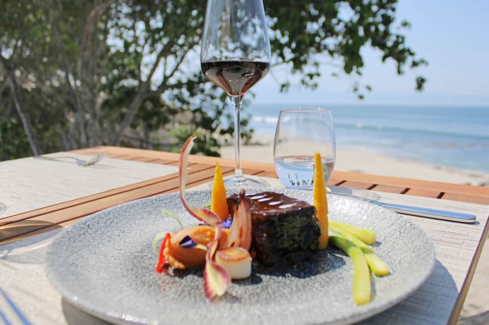 Plated fine dining dish with wine glass overlooking beach through tree canopy