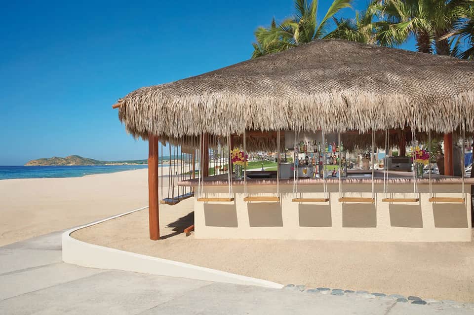 Thatched-roof beach bar with palm trees, sand, and island views