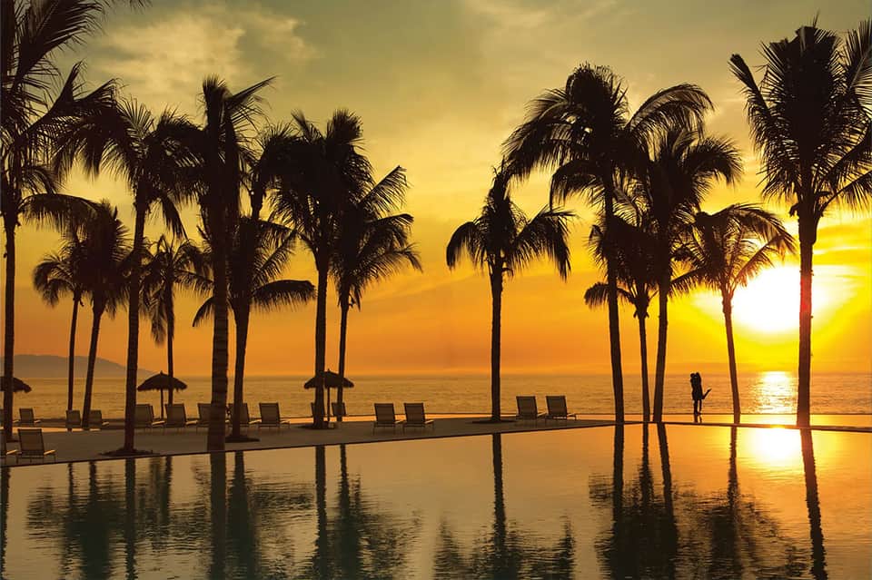 Sunset view of infinity pool with silhouetted palm trees reflecting in calm water over ocean