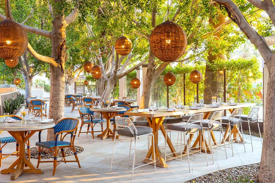 Outdoor dining area under mature trees with woven pendant lights and modern table settings