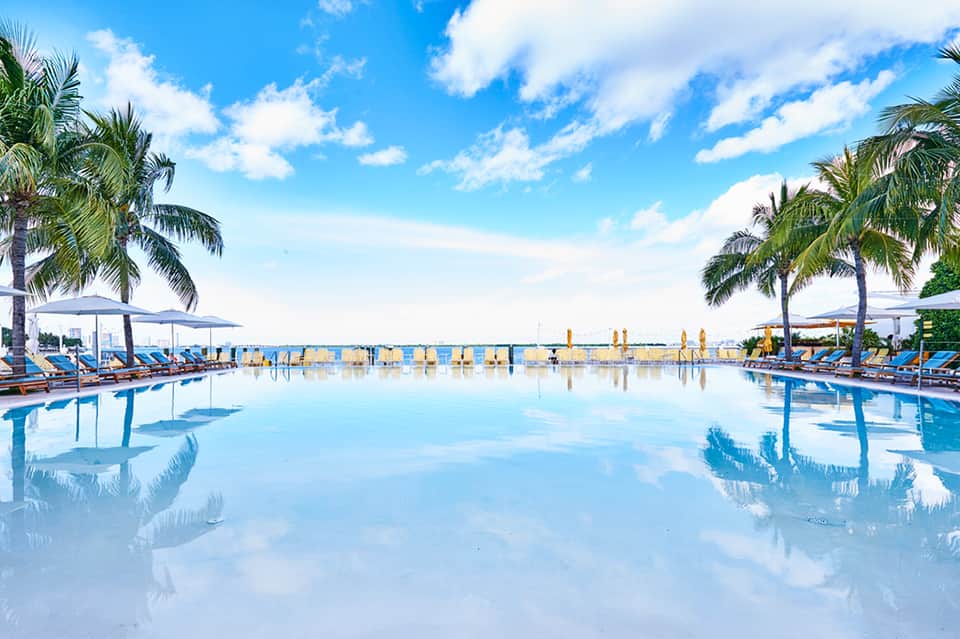 Infinity pool reflecting palm trees and sky with lounge chairs along the waterfront