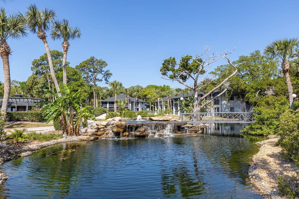 Resort landscape featuring natural pond with waterfall, palm trees, manicured grounds, and modern architecture
