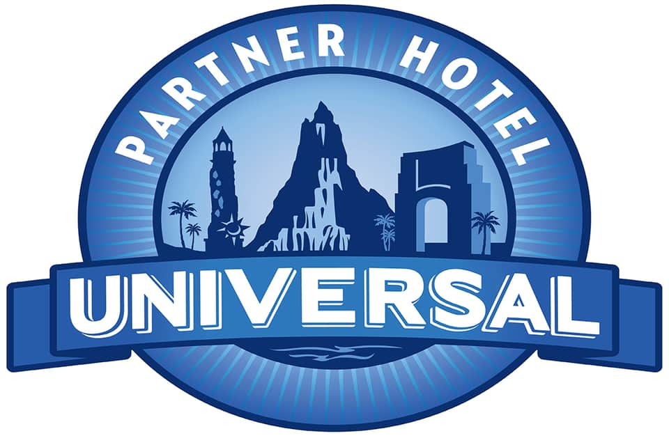 Universal Partner Hotel logo with silhouette of theme park landmarks and palm trees