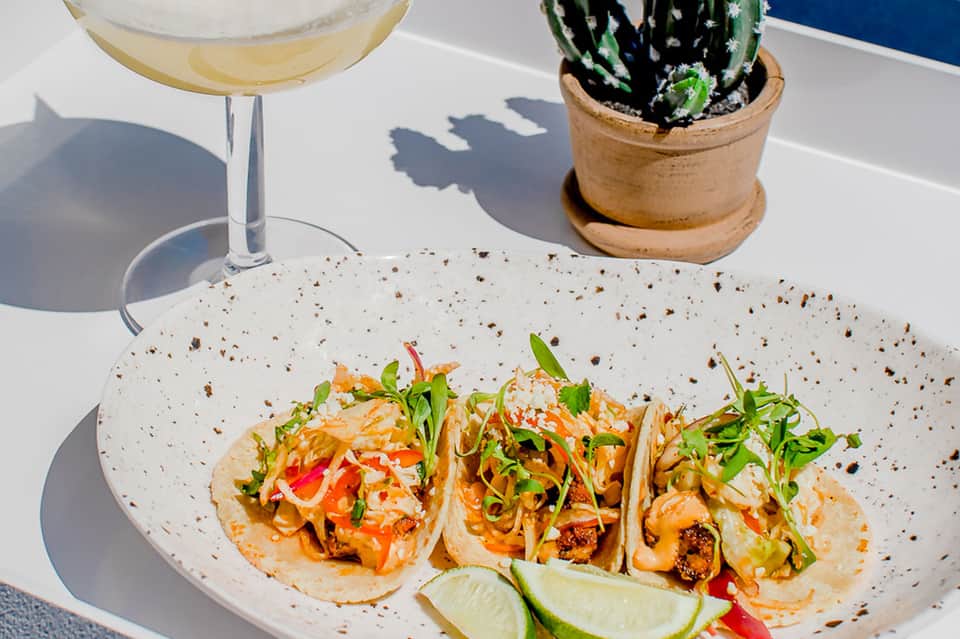 Beachfront dining with gourmet seafood tacos, cocktail, and potted cactus on speckled white plate