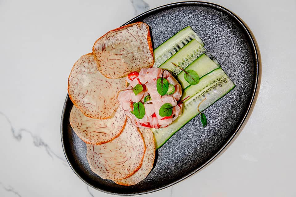 Artfully plated appetizer with sliced meat, cucumber, and microgreens on black plate