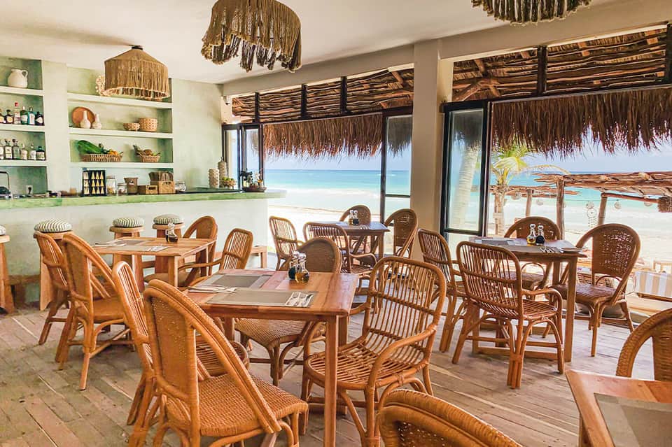 Beachfront restaurant with rattan chairs, thatched roof, and ocean views