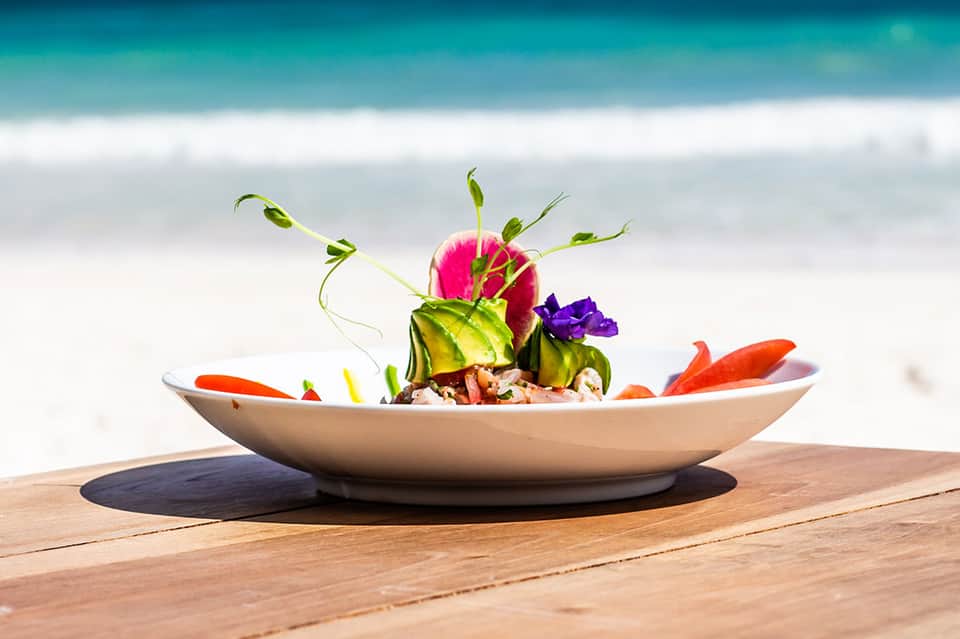 Artfully plated gourmet dish with colorful vegetables on a wooden beach table facing turquoise ocean
