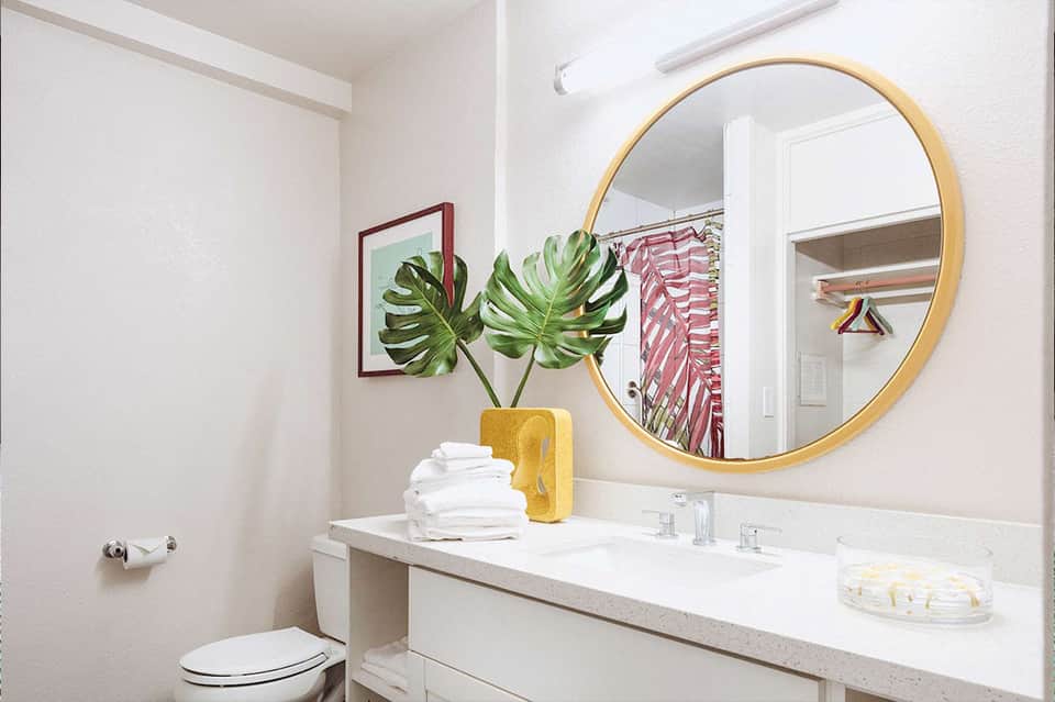 Minimalist bathroom with round gold mirror, white sink, and monstera plant