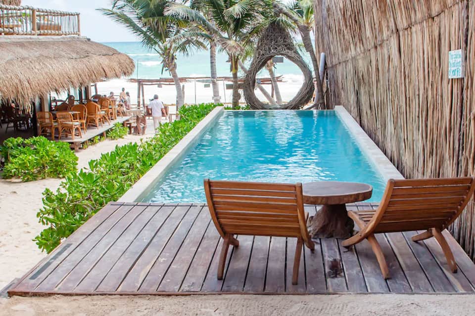 Beach-view infinity pool with wooden deck chairs, palm trees, and ocean horizon
