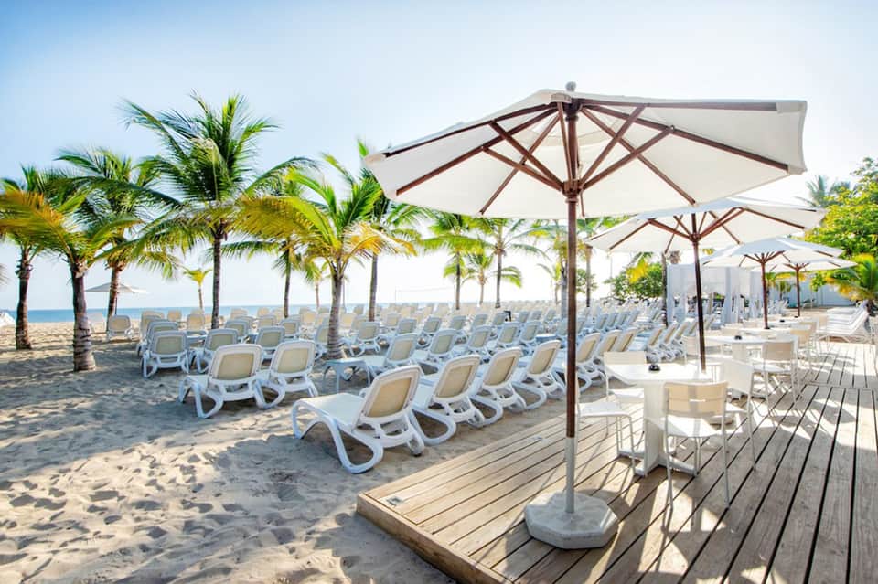 Beach lounge area with white chaise lounges, beige umbrellas, and palm tree landscaping