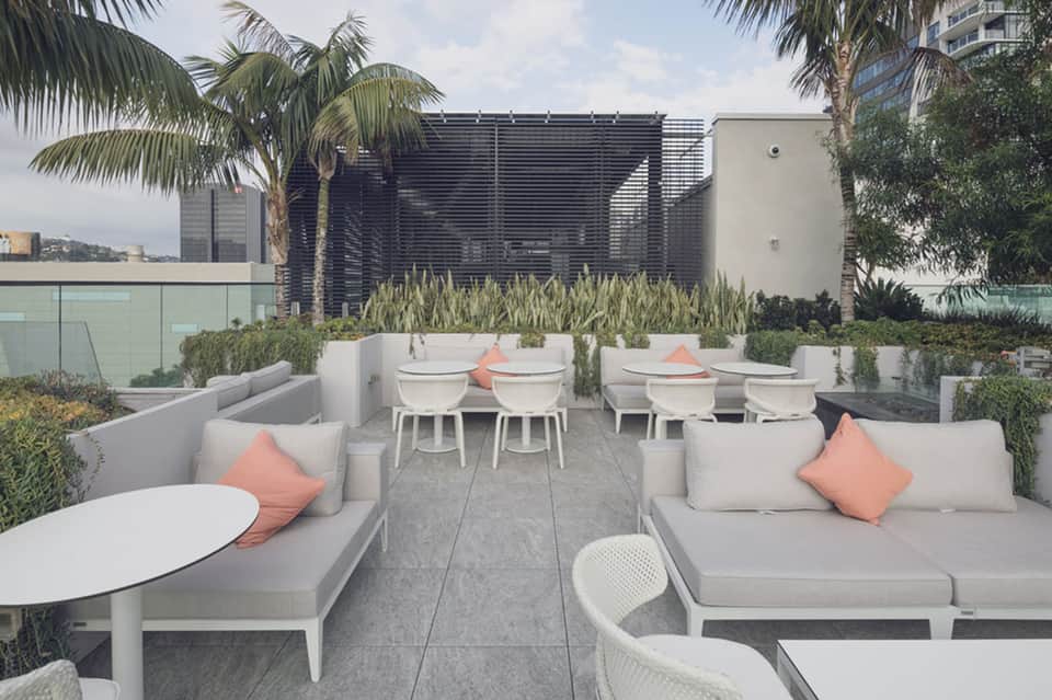Rooftop lounge with white seating, coral cushions, greenery, and urban skyline views