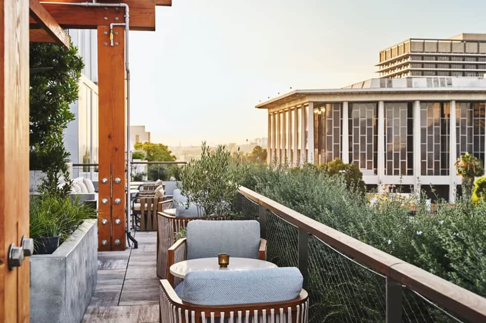 Modern rooftop terrace with wooden seating, olive plants, and city skyline views at dusk