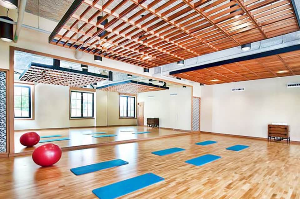 Fitness studio with wooden ceiling, mirrored walls, exercise mats, and stability balls for group classes