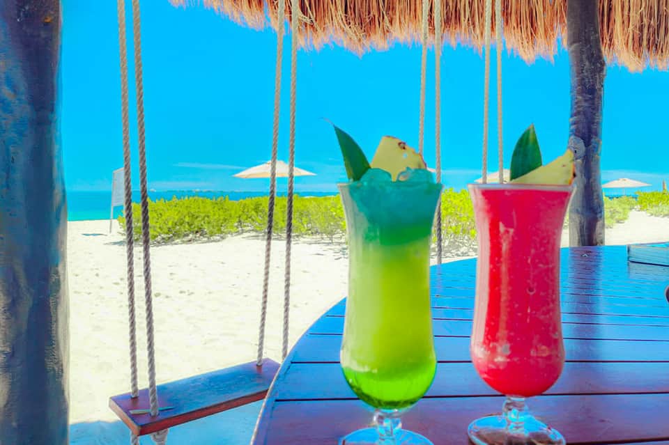 Colorful tropical cocktails on beachside deck with ocean view and palm trees