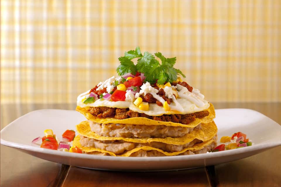 Gourmet layered dish with tortillas, meat, sour cream, and fresh cilantro