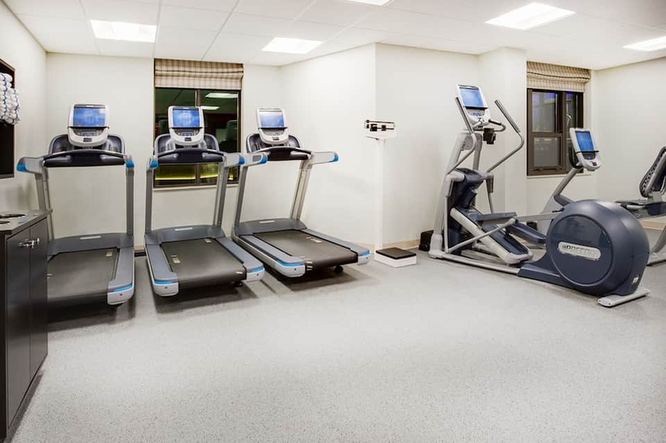 Modern fitness center with blue and black treadmills, stationary bikes, and elliptical exercise equipment