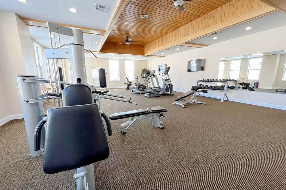 Bright fitness center with wooden ceiling, cardio machines, dumbbells, and weight benches