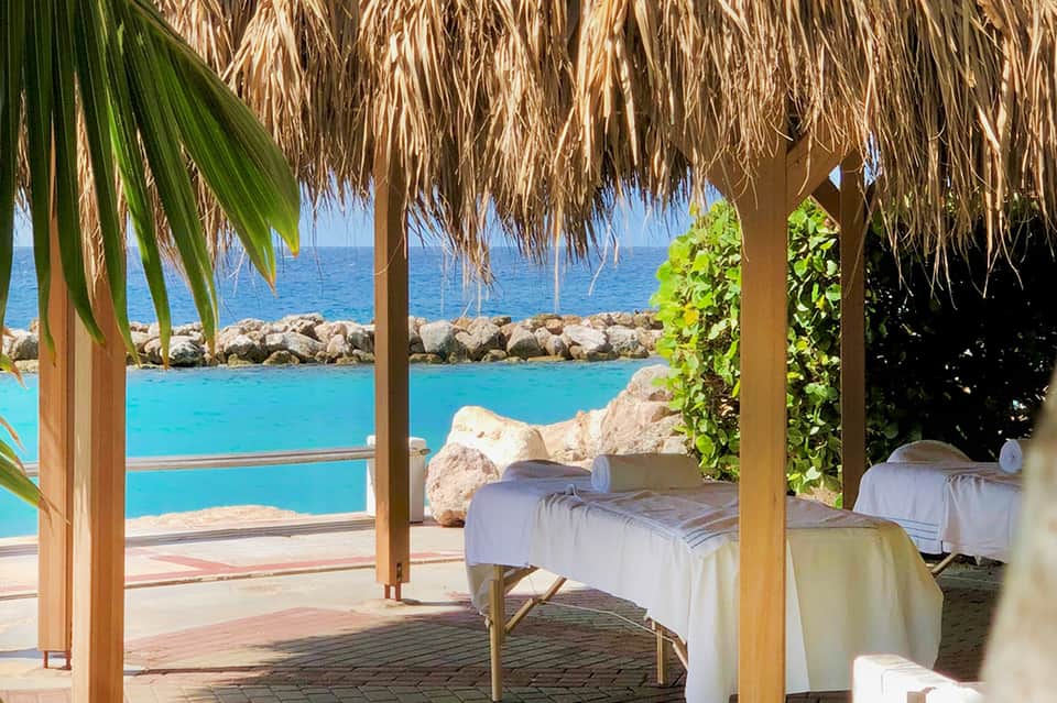 Beachfront spa cabana with thatched roof, massage table, ocean view, and tropical plants