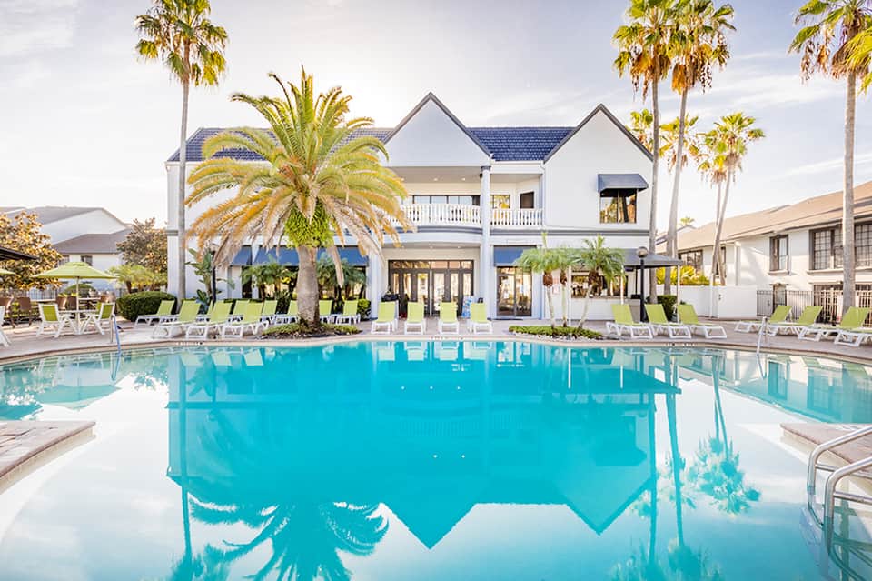 Beachfront resort pool with white house, palm trees, and loungers