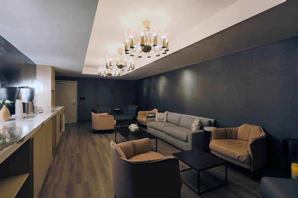 Modern lounge with dark walls, contemporary furniture, and elegant ceiling fixtures