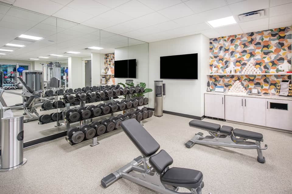 Modern fitness center with organized dumbbell racks, mirrors, equipment, and patterned accent wall