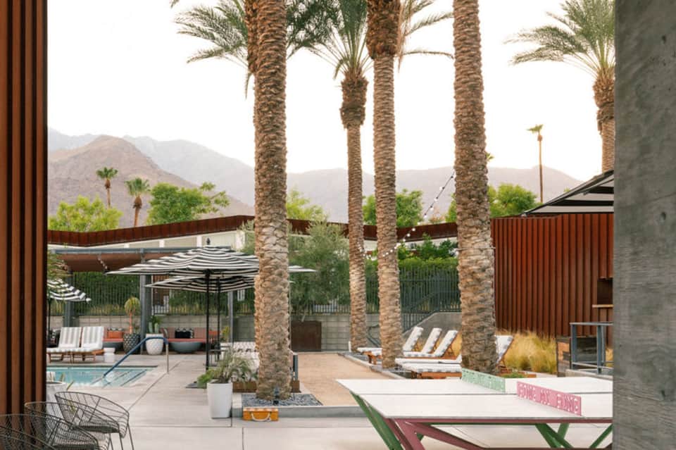 Modern resort pool deck with palm trees, mountain views, and contemporary lounge seating